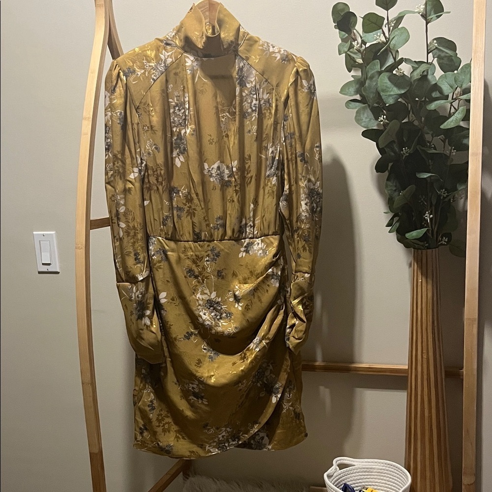 RW&CO Gold Floral High Neck Faux Wrap Long Sleeve Dress a319